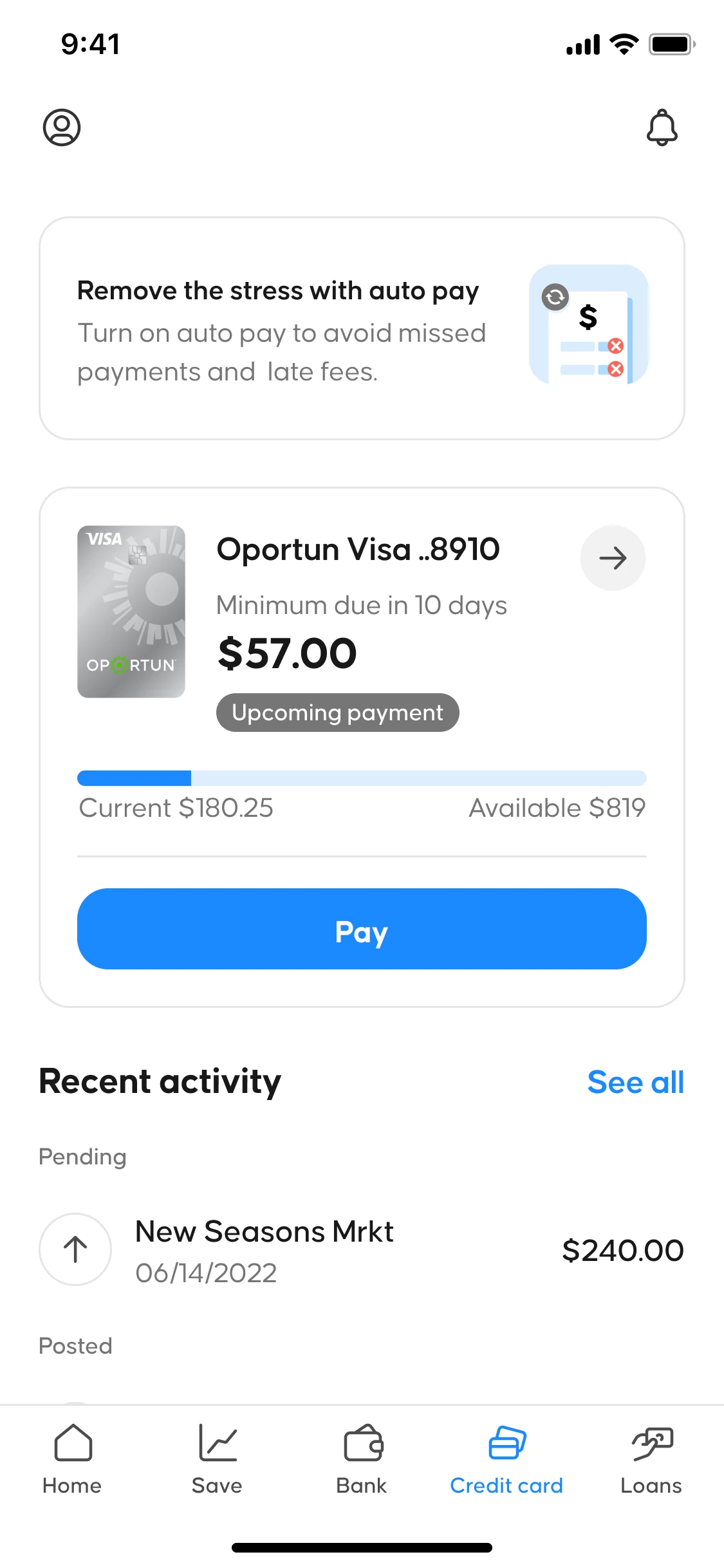 Credit card account overview with status card, auto-pay enrollment prompt, primary pay button and recent activity