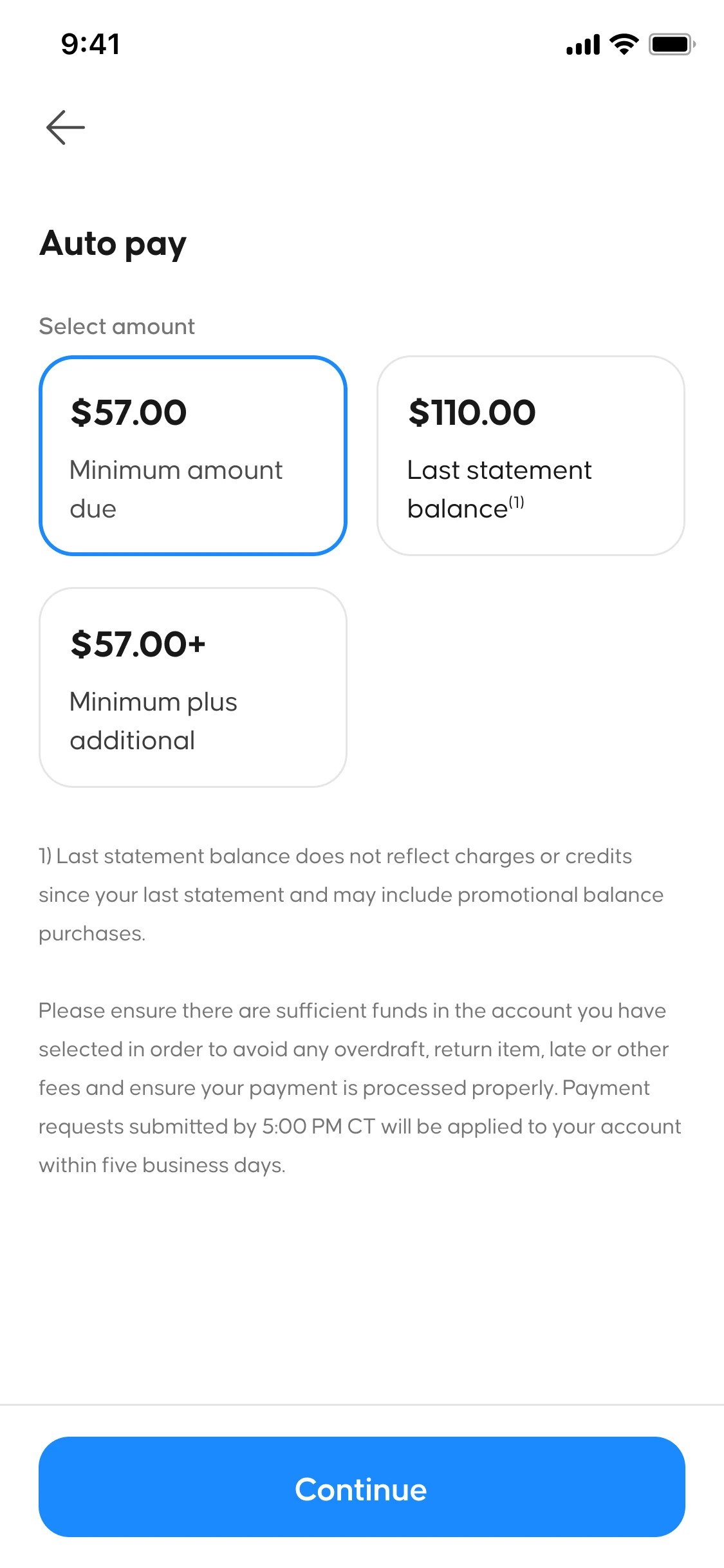 Auto-pay enrollment, selecting a payment amount