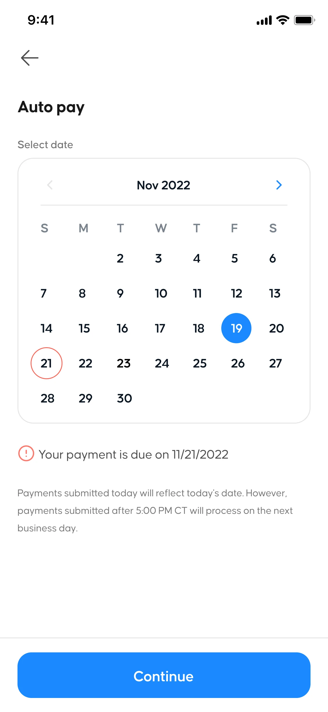 Auto-pay enrollment, selecting a date from a calendar limited to valid billing cycle dates