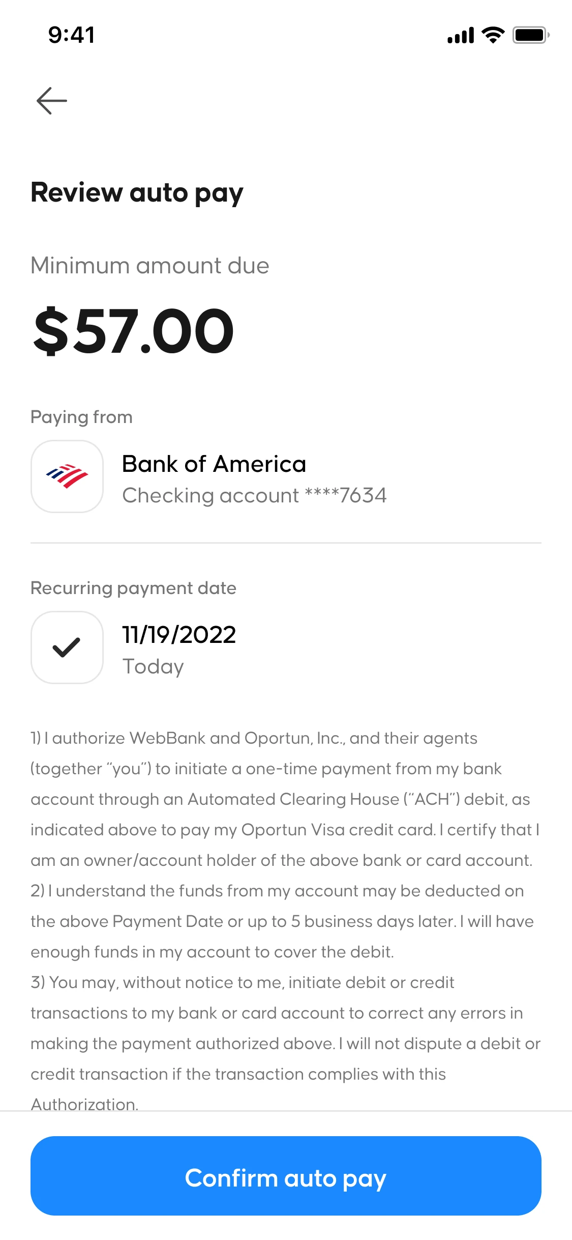 Auto-pay review and confirm screen with full ACH authorization language