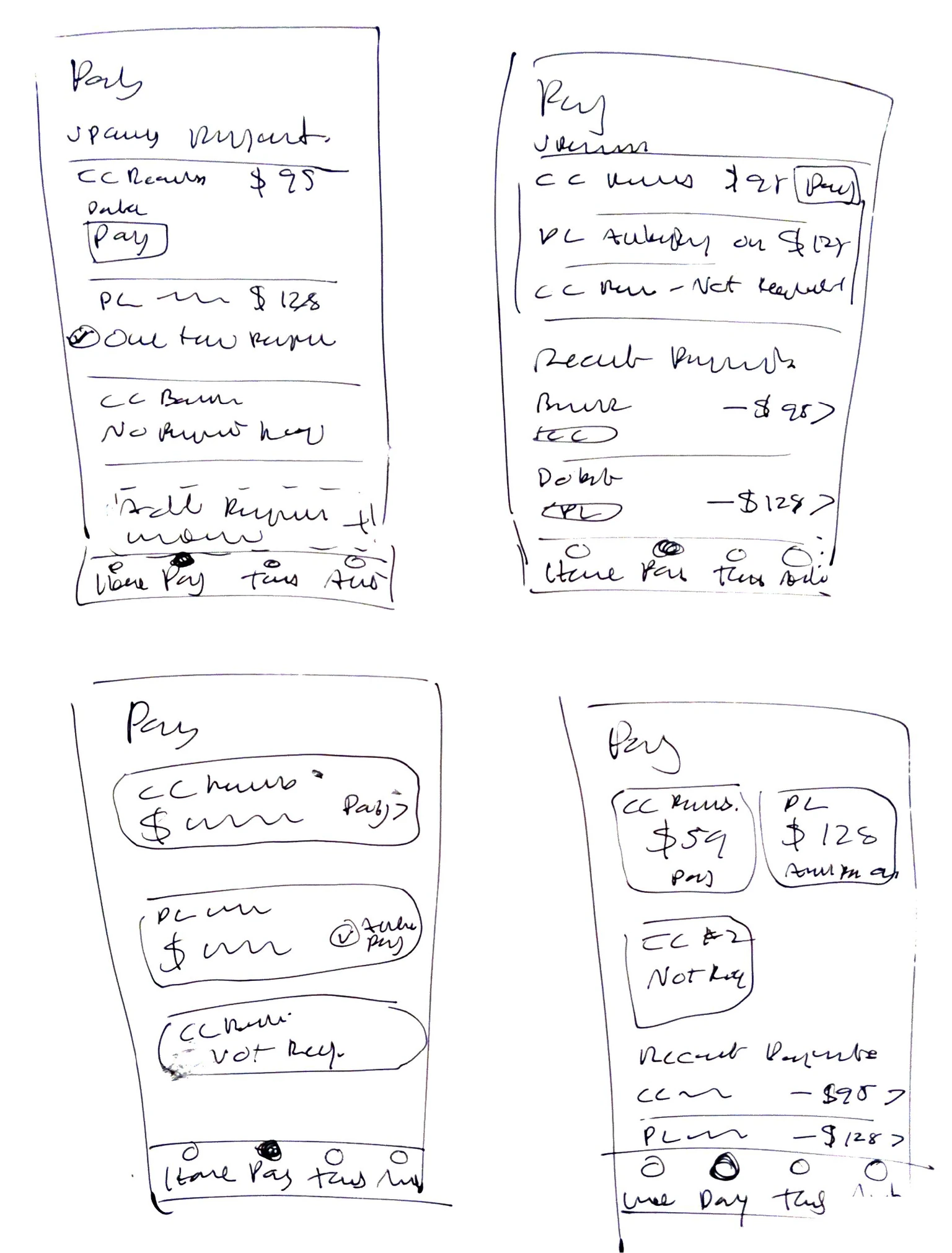 Early hand drawn wireframes for payment flow layout variations