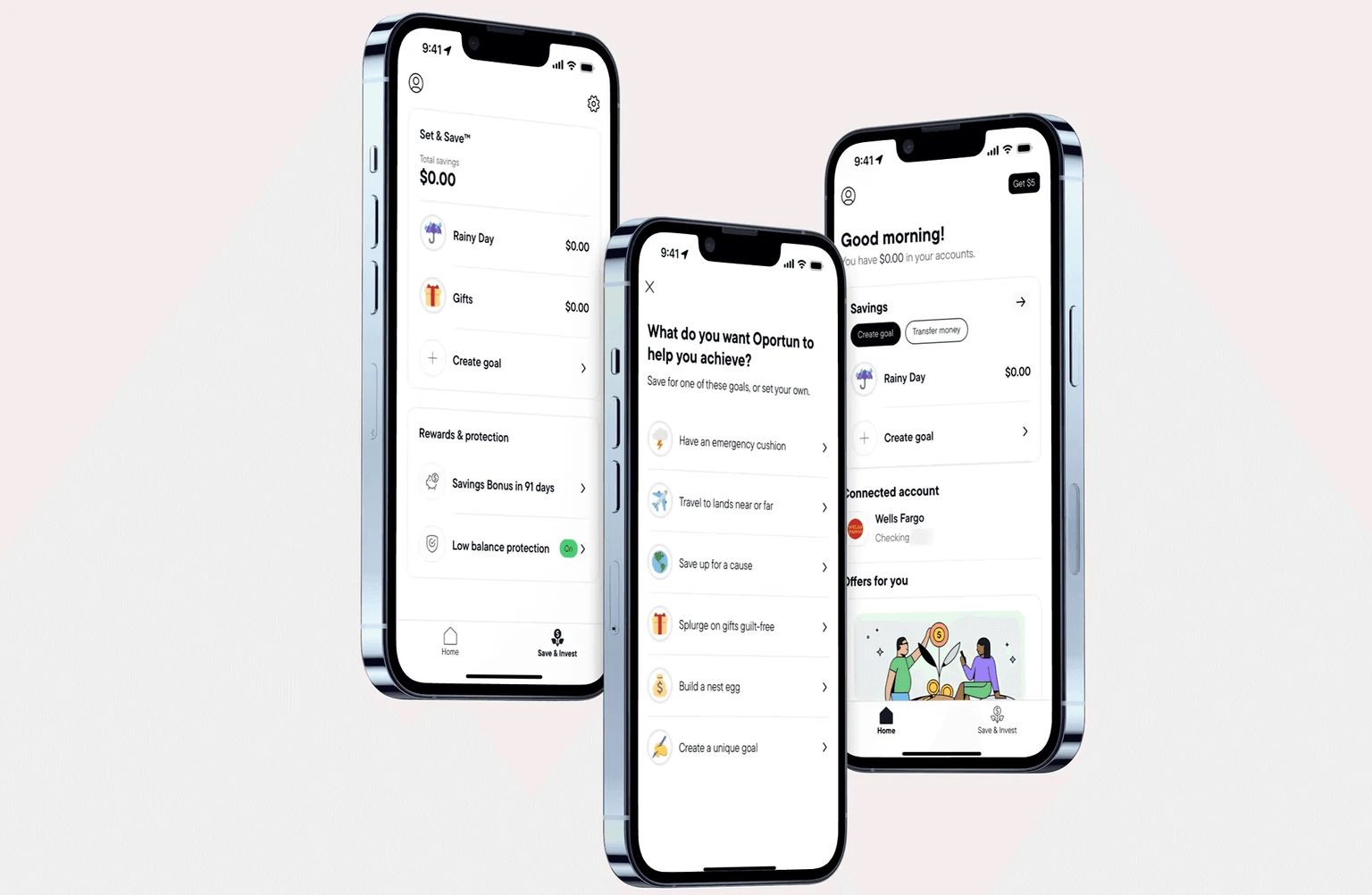 Three Oportun app screens showing savings goals, goal selection, and the home screen with the savings widget