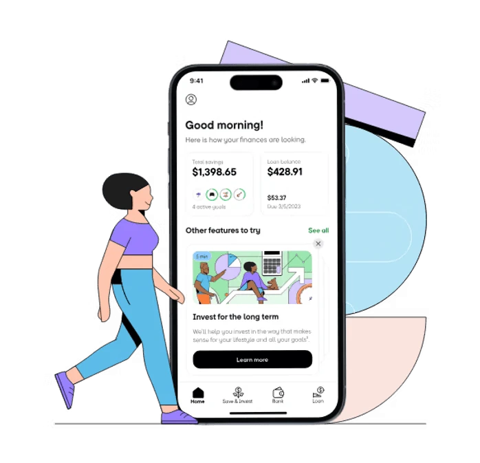 Oportun home screen with savings and loan balances at the top and a promotional card below encouraging the user to try investing