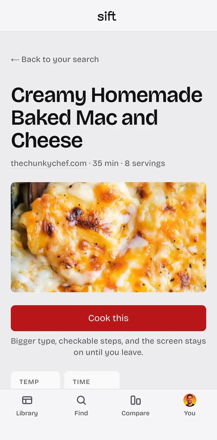 The same recipe in Sift: title, source, photo, Cook this