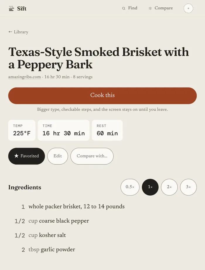 The killed recipe page: Fraunces serif title and a rust pill reading Cook this