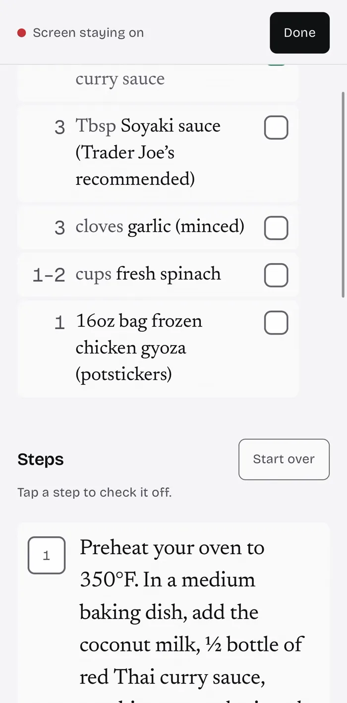 Shipped Cook Mode with checkable ingredients and the screen-awake indicator