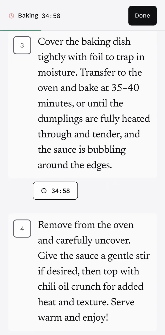 Cook Mode with a named Baking timer counting down and the Start over button above the steps