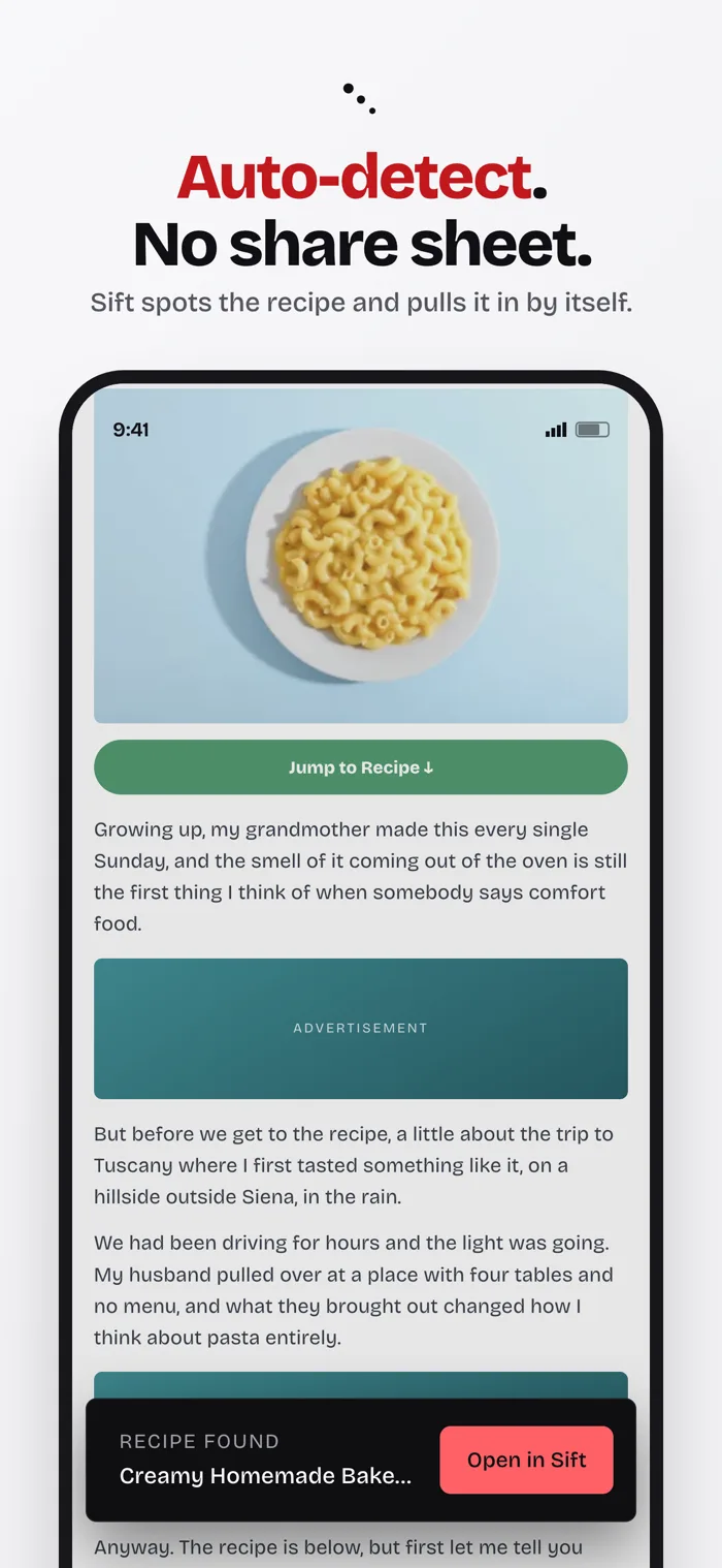 App Store panel: Auto-detect, no share sheet, showing the detection bar on a recipe page