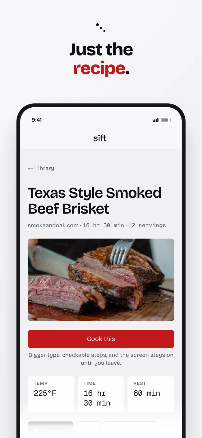 App Store panel: Just the recipe, above the brisket recipe card